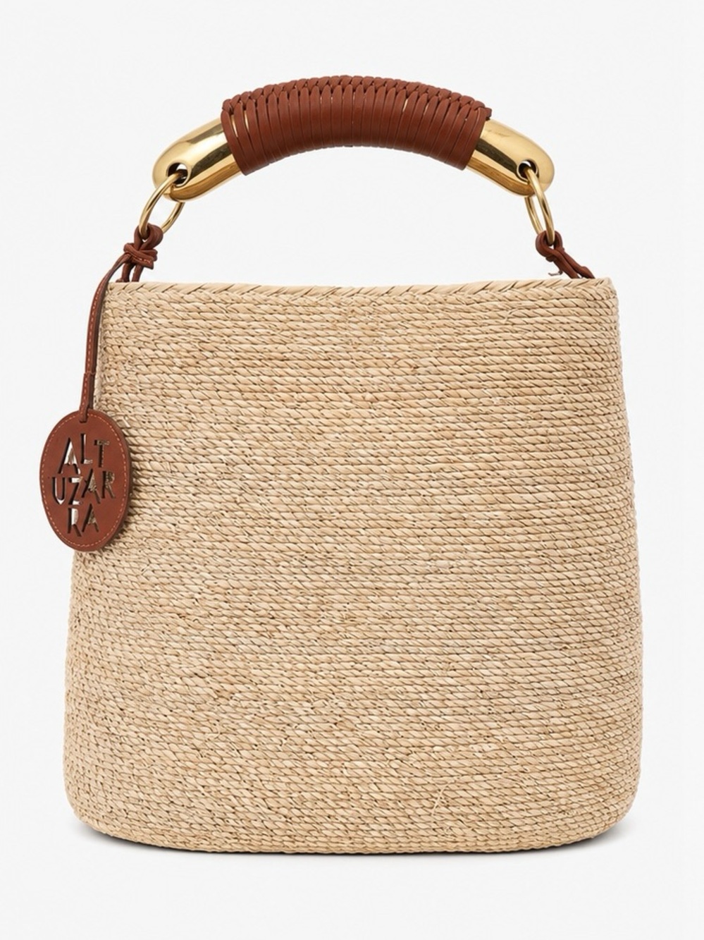 ALTUZARRA Natural Raffia Top-Handle Bucket Bag with Brown Leather Trim-Large